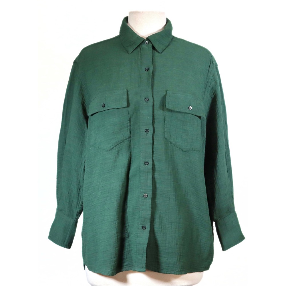 The Great Button Down Shirt Womens 1 S Green Cotton Gauze Long Sleeve Pocket Top